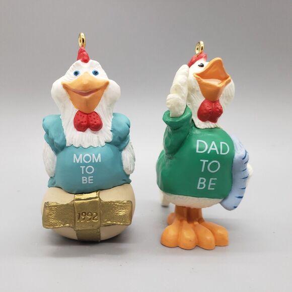 Set 2 Hallmark Ornaments Mom / Dad To Be Chicken Rooster 1992 Baby Shower Parent - Picture 7 of 8